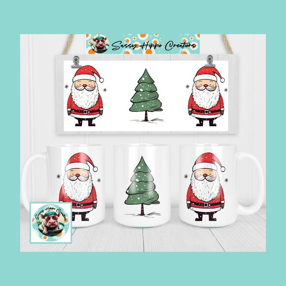 Ceramic Coffee Mug Adorable Santa Claus Christmas Tree Holiday 15oz Sublimated - Picture 1 of 4